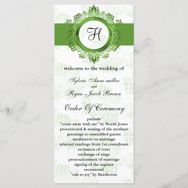 Programme de mariage vert monogramme (Devant)