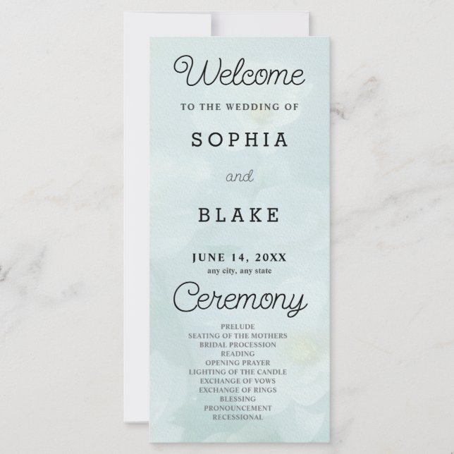 Programme de mariage vert pâle aux fleurs blanches (Devant)