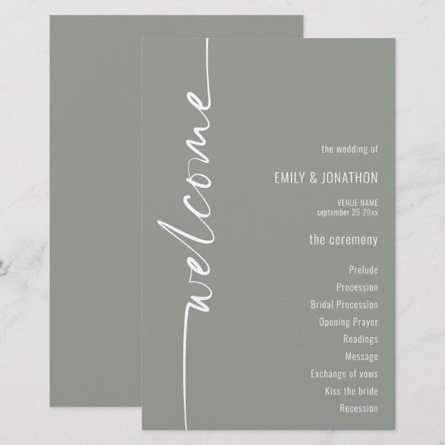 Programme de mariage vert Sage de calligraphie BUD (Devant / Derrière)