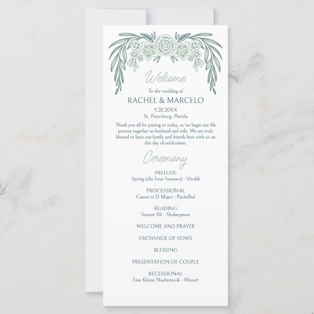 Programme de mariage vert végétal botanique (Devant)