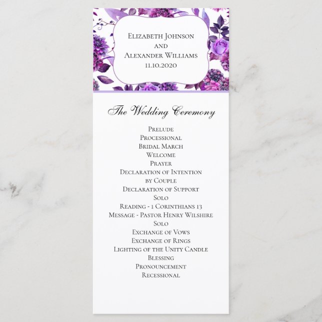 Programme de mariage violet. Cérémonie florale aqu (Devant)