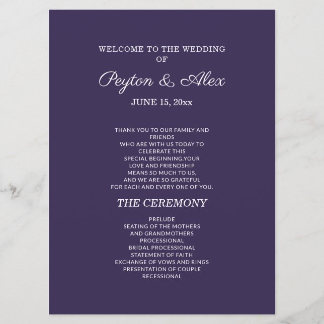 Programme de mariage violet prune recto-verso  (Devant)