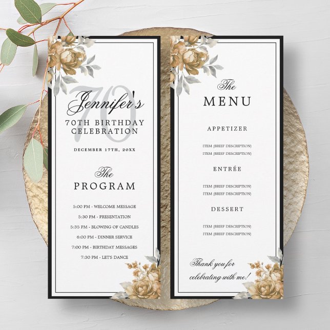 Programme de menu d'anniversaire 70 ans à motif fl (Elegant Gold Floral 70th Birthday Program Menu )