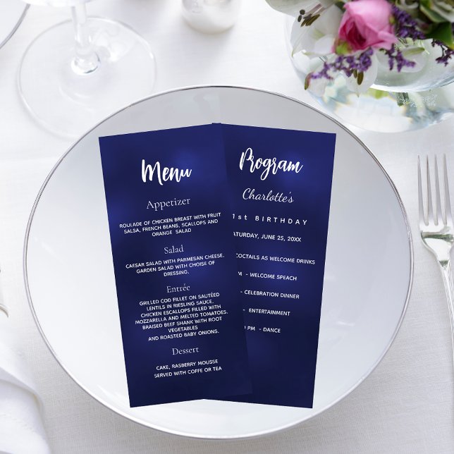 Programme de menu d'anniversaire bleu marine blanc (Créateur téléchargé)