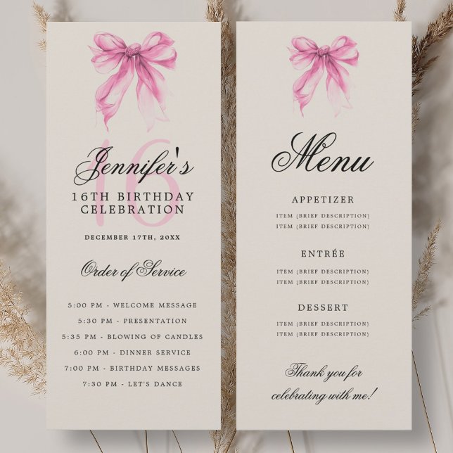Programme de menu de fête d'anniversaire 16 ans El (Elegant Pink Bow 16th Birthday Party Program Menu)