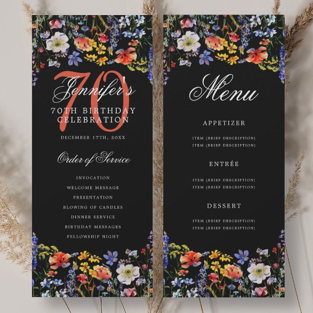 Programme de menu de fête d'anniversaire 70 ans Fl (Floral 70th Birthday Party Program Menu Black)