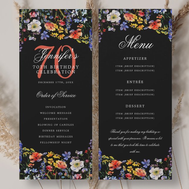 Programme de menu de remerciement pour 70e anniver (Floral 70th Birthday Program Menu Thank You Black)