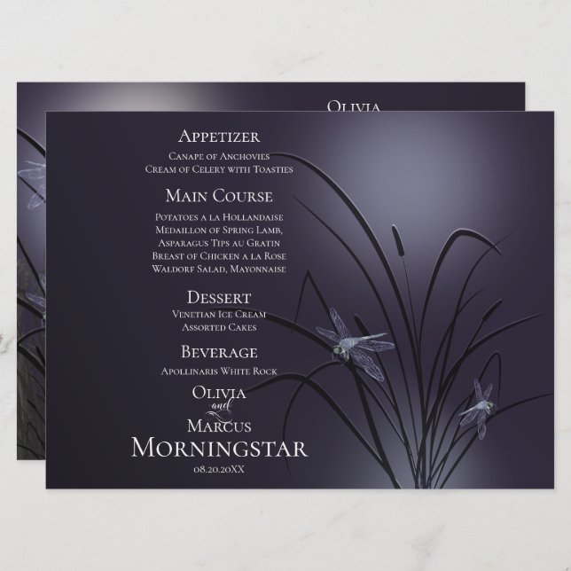 Programme de menu mariage | Dusty Plum Dragonfly (Devant / Derrière)