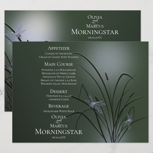 Programme de menu mariage | Sage Green Dragonfly (Devant / Derrière)