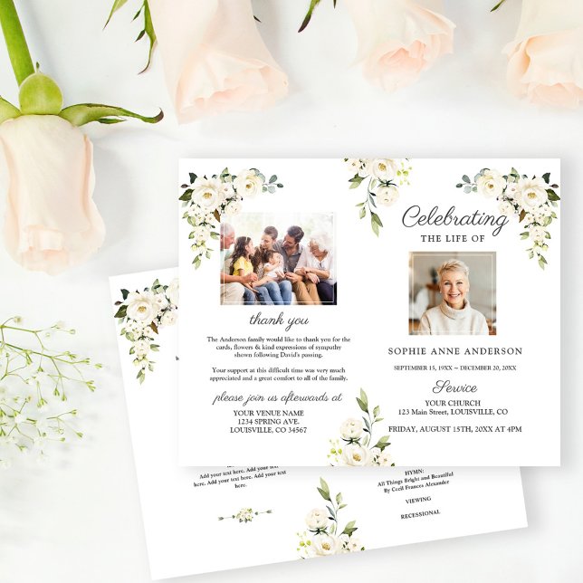 Programme de photos du service funéraire commémora (white flowers celebration the life, photos celebrating the life, trendy floral celebrating the life)