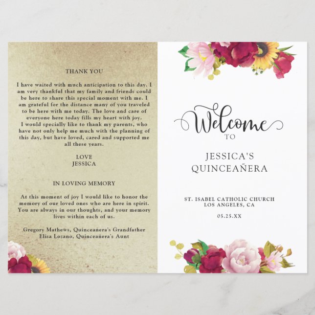 Programme de Quinceanera d'or rouge et de fleurs j (Devant)