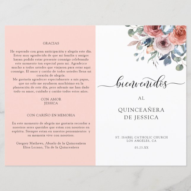 Programme de Quinceanera Florale Espagnol, Bleu et (Devant)