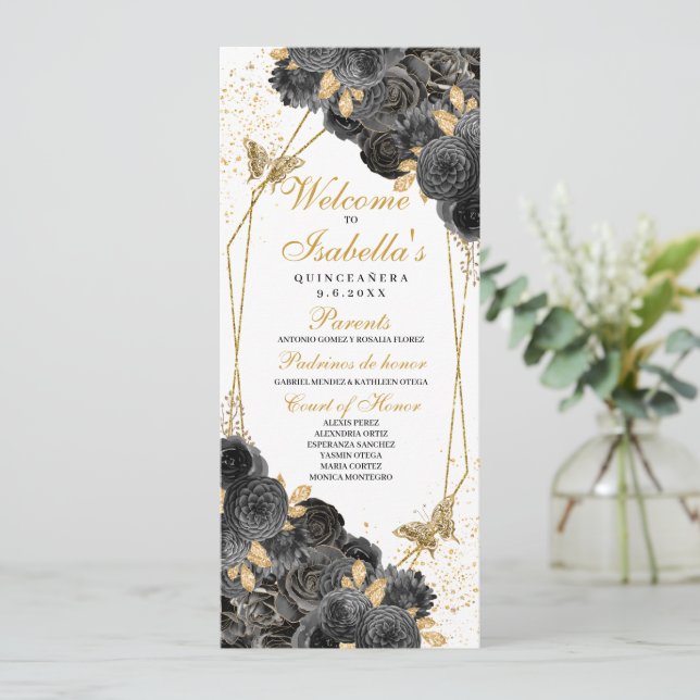 Programme de Quinceanera Florale Noir et Or (Debout devant)
