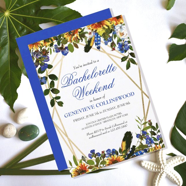Programme de week-end de bachelorette Boho Sunflow (PRETTY BOHO SUNFLOWER FEATHER BACHELORETTE WEEKEND PARTY INVITATION
)