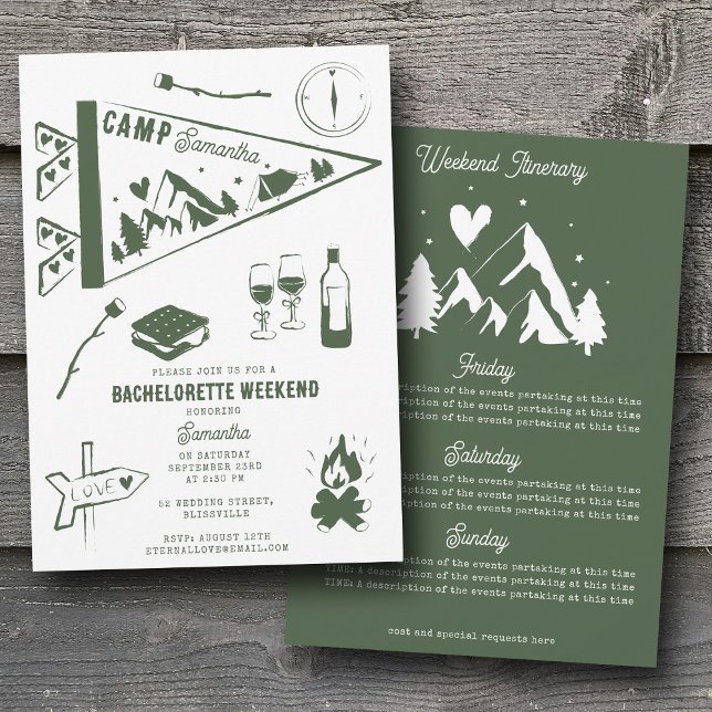Programme de week-end de camping pour enterrement  (Camp Bachelorette Party Camping Weekend Itinerary Invitation)