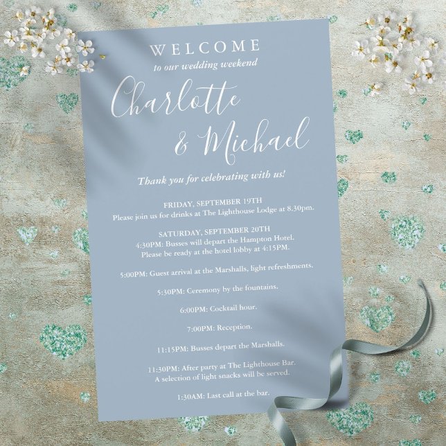 Programme de week-end de mariage invité de script  (Dusty Blue Script Guest Wedding Weekend Program)