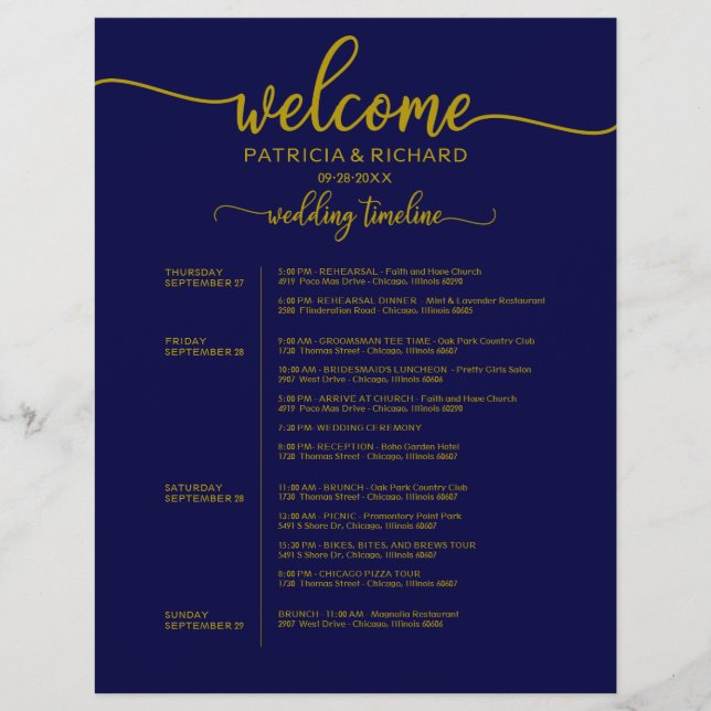 Programme de week-end de mariage sur 4 jours bleu  (Devant)