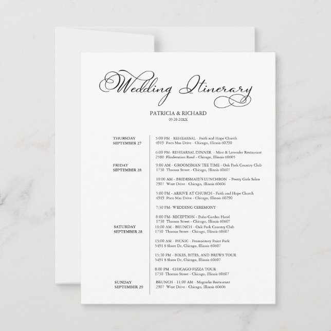 Programme de week-end de mariage sur 4 jours Écrit (Devant)