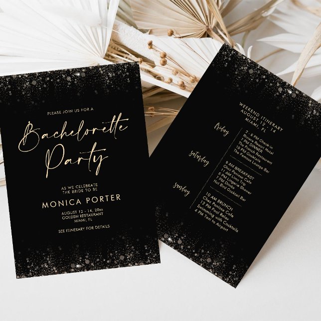 Programme de week-end d'enterrement de vie de jeun (Black Gold Bachelorette Weekend Itinerary Schedule Invitation)