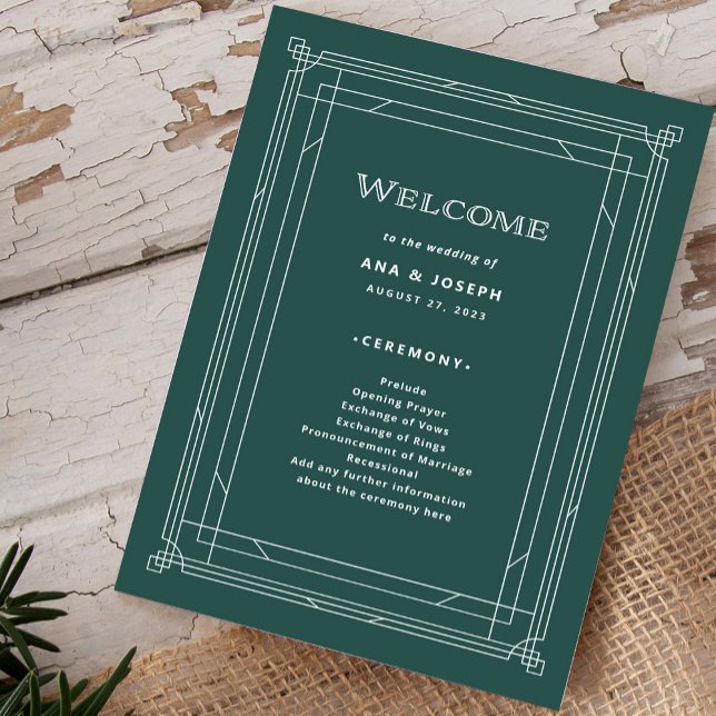 Programme Déco moderne | Élégant Mariage vert de vacances (A festive green welcome program for your holiday wedding)