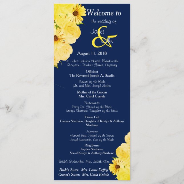 Programme des roses et marguerites jaunes mariages (Devant)