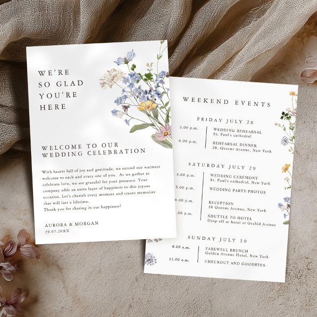 Programme d'événements de week-end Fleur sauvage d (Colorful Spring Wildflower meadow garden Weekend Events wedding Program card)