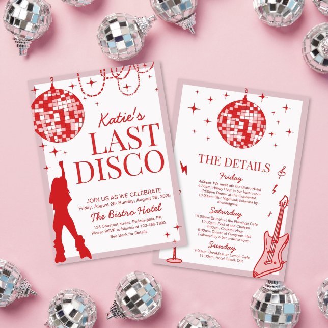 Programme du dernier week-end de solitaire en disc (last disco pink groovy bachelorette weekend getaway party invitation and itinerary)