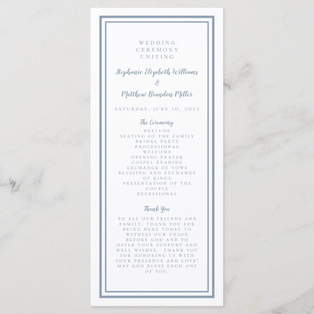 Programme Dusty Blue Service Mariage Ceremony Moderne Simple (Devant)