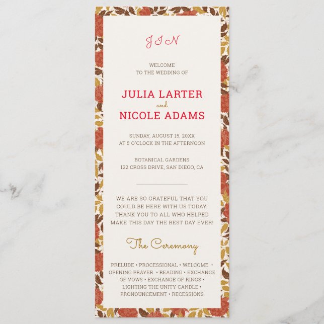 Programme Dusty Brunt Orange Peony Flowers Mariage de automn (Devant)
