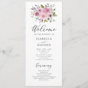 Programme Dusty Rose Mauve Floral Rustic Mariage aquarelle