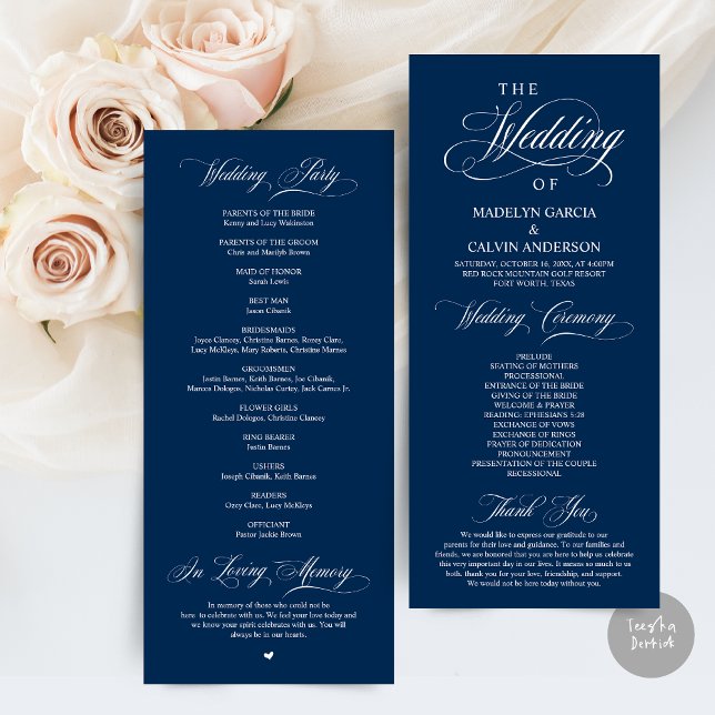 Programme Élégance classique Script noir, Cérémonie Mariage (Wedding Program Card, in Modern Classy Script, in Navy Blue)