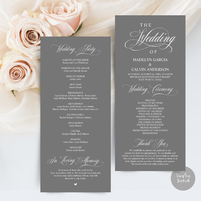 Programme Élégance classique Script noir, Cérémonie Mariage (Wedding Program Card, in Modern Classy Script, in Dark Grey)