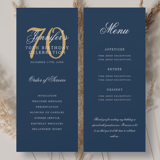 Programme élégant 70e en or et bleu marine Menu+Re (Elegant 70th Program Gold Navy Blue Menu+Thank You)