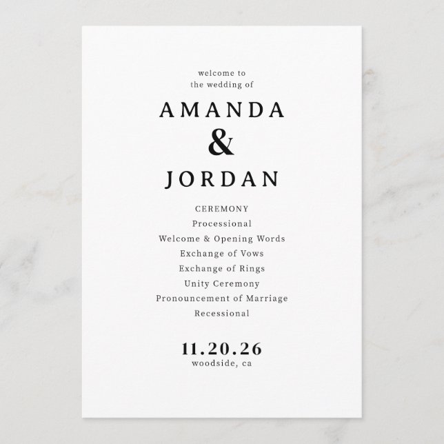 Programme Elegant Black and White Wedding Ceremony Schedule (Devant)