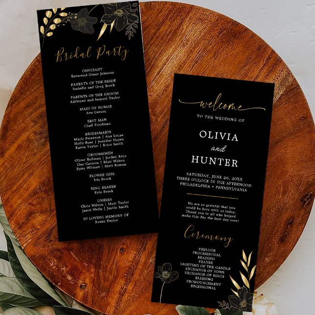 Programme Élégant Black & Gold Floral Wedding Party Program (Créateur téléchargé)
