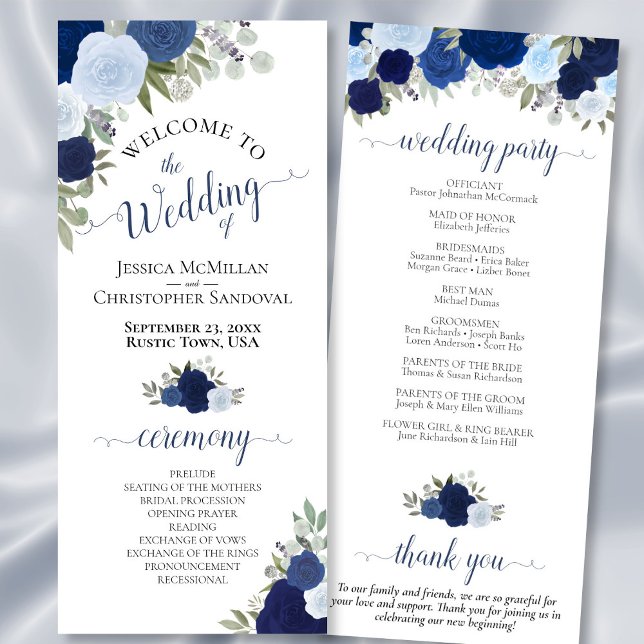 Programme Elégant bleu rustique Chic Aquarelle Mariage Flora (Front/Back)