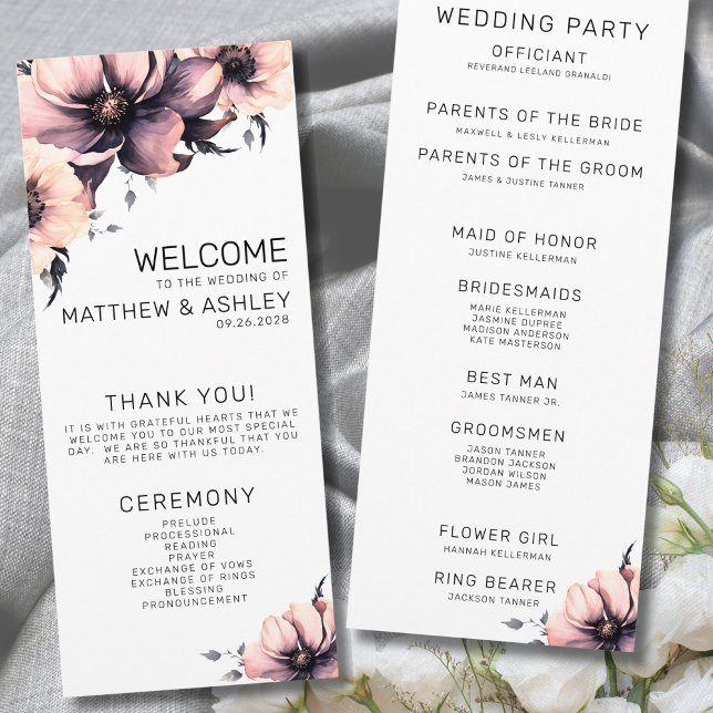Programme Élégant Boho Rustique Blush Rose Floral Mariage (Simple Elegant Rustic Boho Floral Pink Wedding Program)