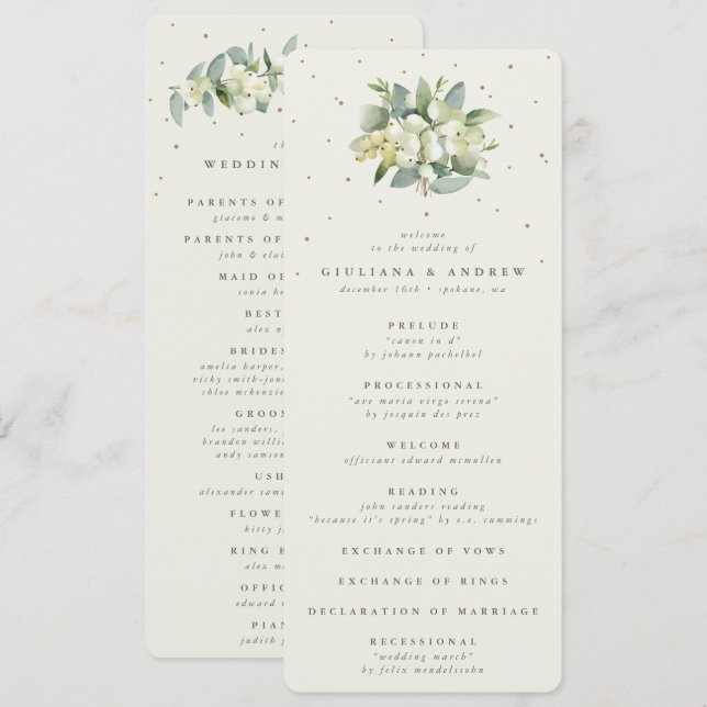 Programme Élégant bouquet de neige crémeuse et d'eucalyptus  (Devant / Derrière)