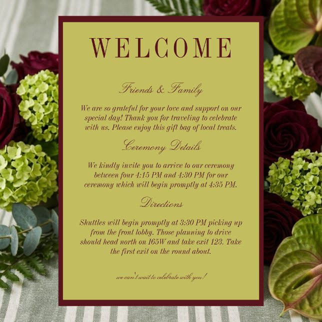 Programme Elegant Chartreuse Burgundy Wedding Welcome (Elegant Chartreuse Burgundy Wedding Welcome Program)