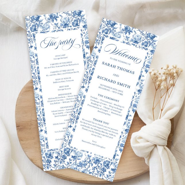 Programme Élégant Chic Bleu Nuit Toile de Jouy Roses Mariage (Elegant Chic Navy Blue Toile de Jouy Roses Wedding Program)