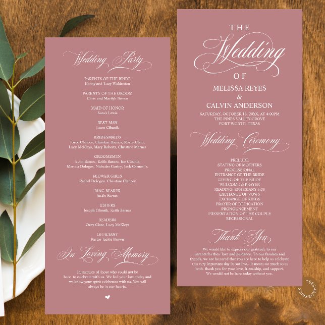 Programme Élégant Classe Rose Poussiéreux Rose Script Mariag (Elegant Classy Dusty Rose Pink Script Wedding Program Card)
