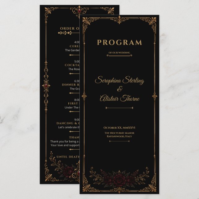 Programme Elegant Dark Gothic Wedding Program (Devant / Derrière)