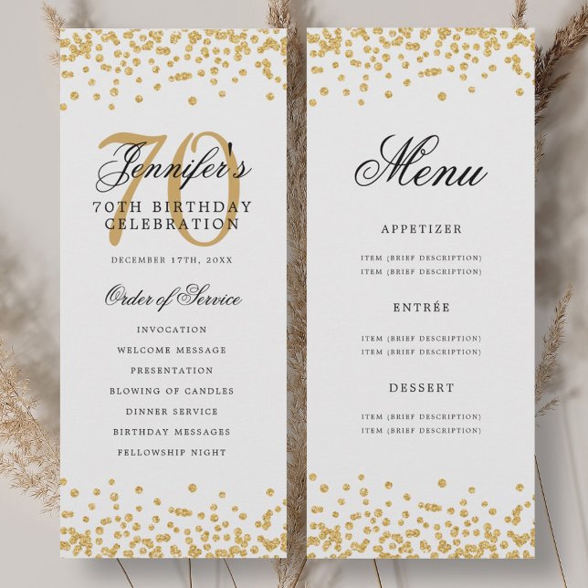 Programme élégant de 70e anniversaire Menu confett (Elegant 70th Birthday Program Gold Confetti Menu)