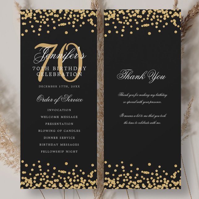 Programme élégant de 70e anniversaire Merci Or Noi (Elegant 70th Birthday Program Thank You Gold Black)