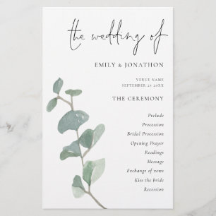 Programme Élégant de mariage de script Eucalyptus 