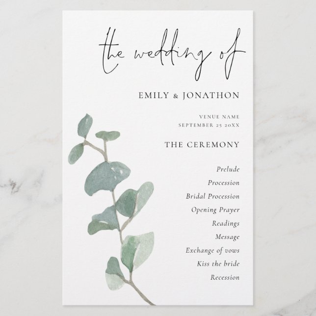 Programme Élégant de mariage de script Eucalyptus  (Devant)