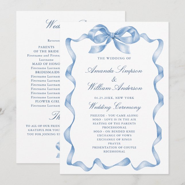 Programme Élégant Dusty Blue Main Drawn Bow Wedding Programm (Devant / Derrière)