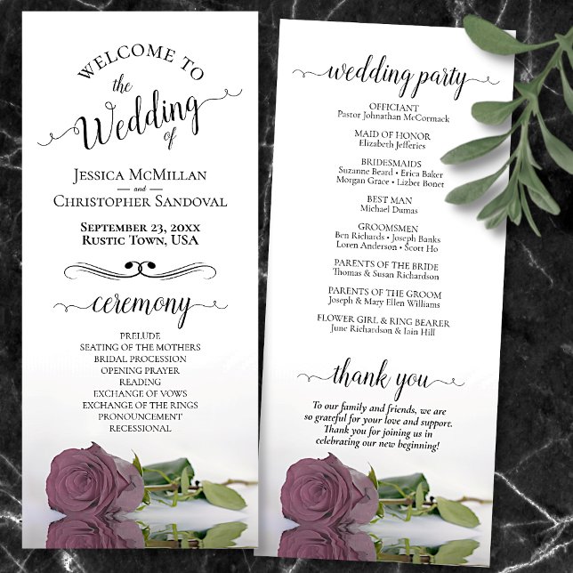 Programme Élégant Dusty Mauve Rose Rose Rose Mariage romanti (Front and Back)