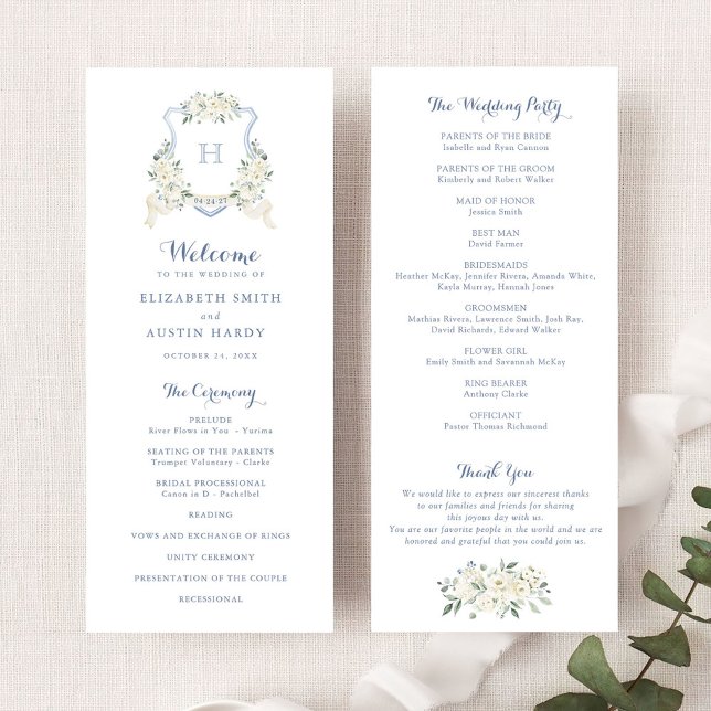 Programme Élégant Floral Blanc Vert Crest Bleu Mariage (Créateur téléchargé)