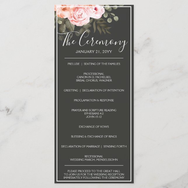 Programme Élégant Floral Blush rose Botanique Mariage modern (Devant)